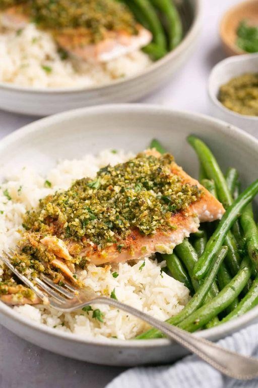 Pesto Salmon and Rice Bake