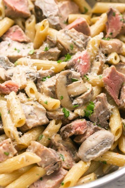 Prime Rib Pasta with Garlic Cream Sauce
