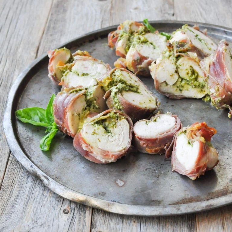 Prosciutto-Wrapped Chicken Skewers with Pesto