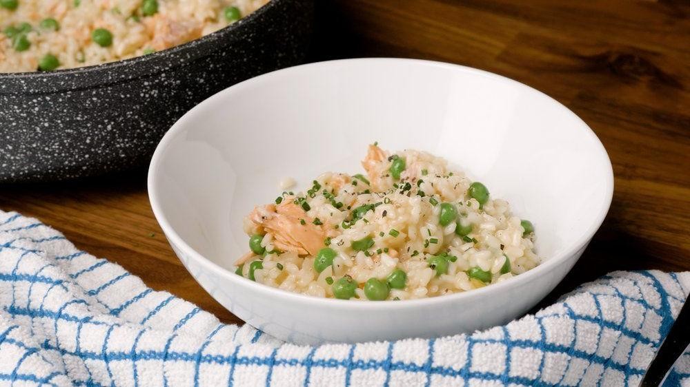 Rainbow Trout Risotto with Peas and Parmesan