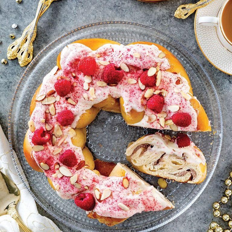 Raspberry Almond King Cake with Almond Glaze