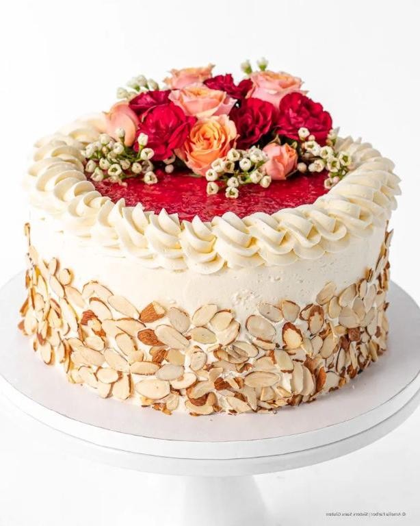 Raspberry Almond Layer Cake with Amaretto Frosting