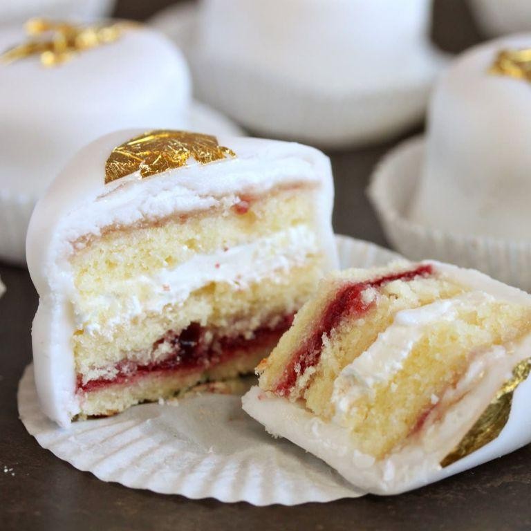 Raspberry Jam-Filled Petit Fours with White Chocolate Drizzle