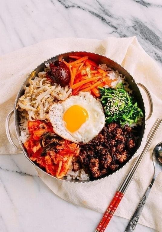 Red Rice Bibimbap with Kimchi and Fried Egg