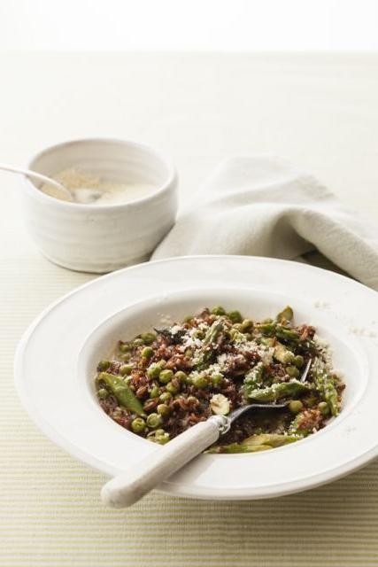 Red Rice Risotto with Parmesan and Peas