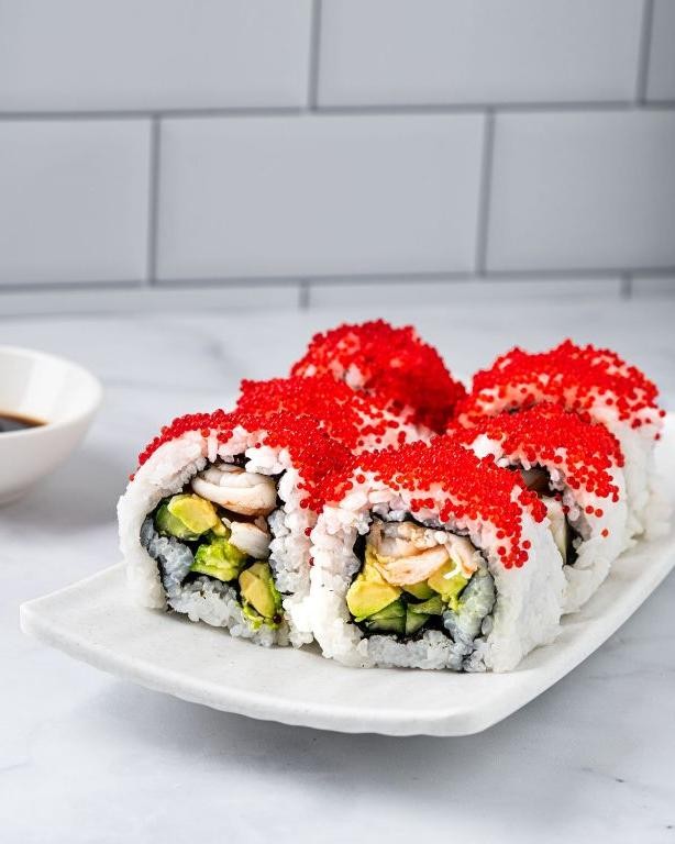 Red Rice Sushi Rolls with Crab and Cucumber