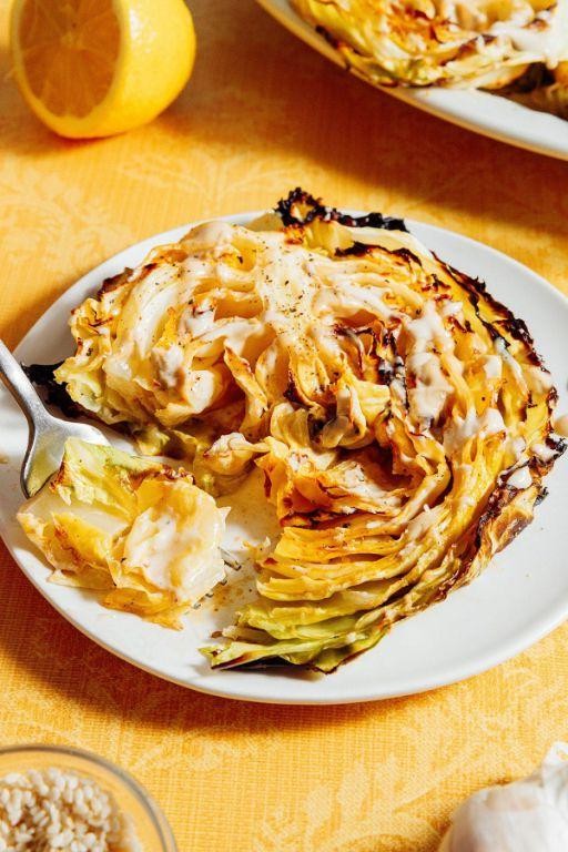 Roasted Cabbage Steaks with Lemon-Tahini Sauce