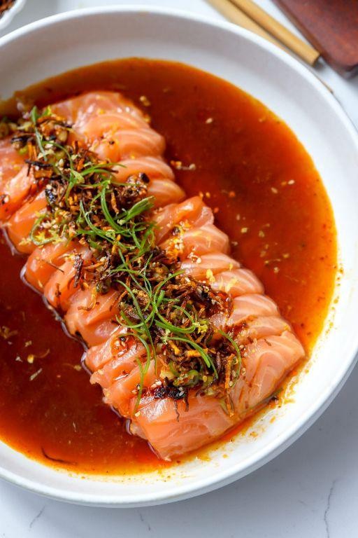 Salmon Crudo with Chili Oil and Herbs