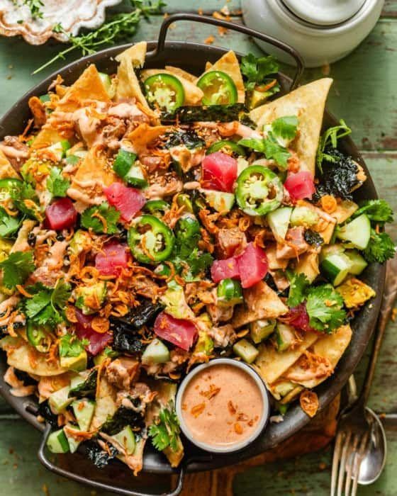 Salmon Poke Nachos with Avocado Crema