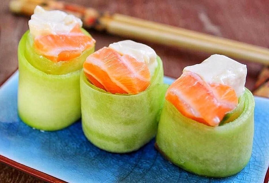 Salmon Sushi Rolls with Cream Cheese and Cucumber