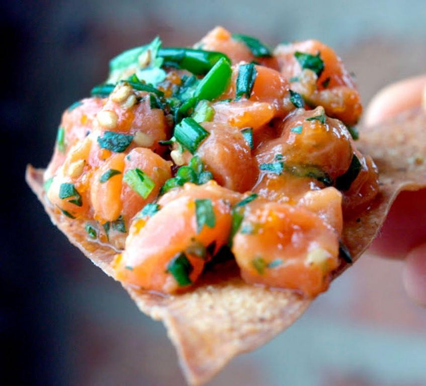 Salmon Tartare on Crispy Wonton Chips