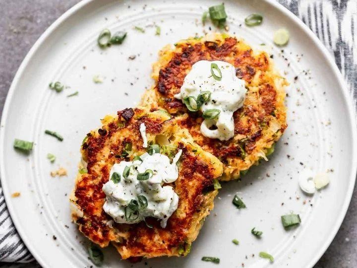 Salmon and Zucchini Fritters with Tzatziki
