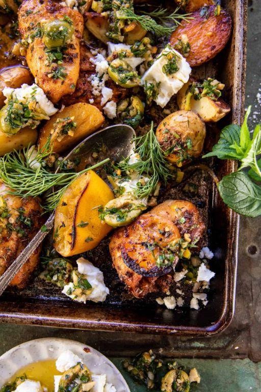 Sheet Pan Greek Chicken Thighs with Potatoes and Olives