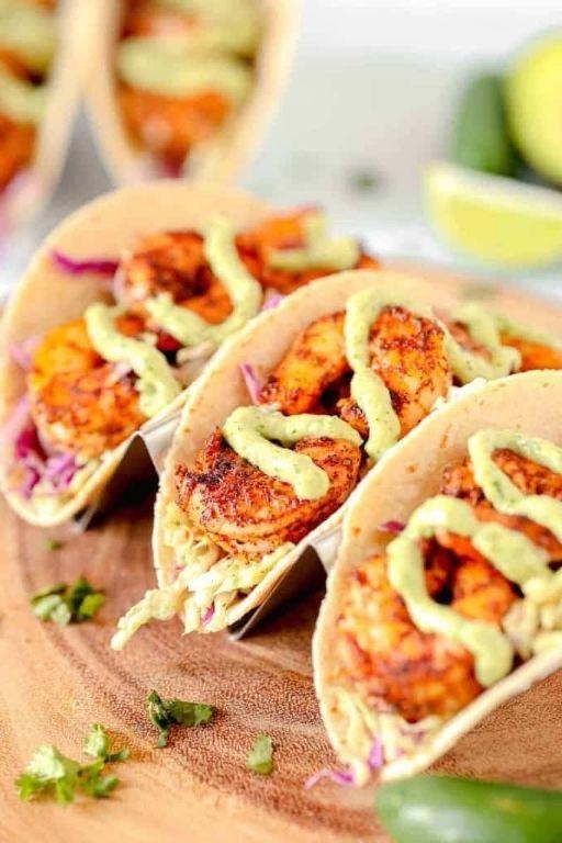 Shrimp and Sausage Tacos with Avocado Crema