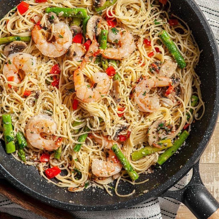 Shrimp and sausage primavera with angel hair