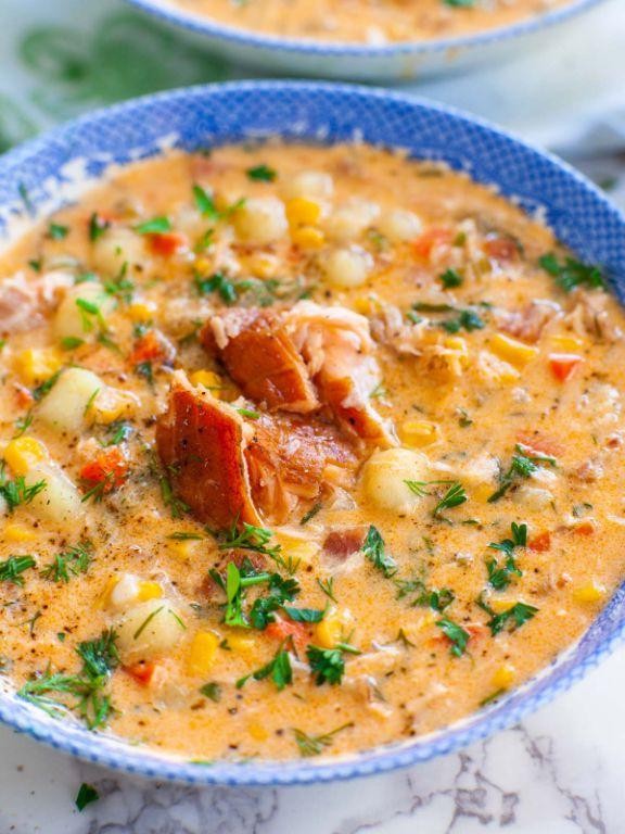 Smoked Salmon Chowder with Potatoes and Corn