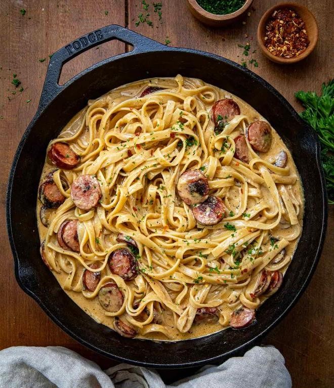 Smoked Sausage Alfredo with Shirataki Noodles