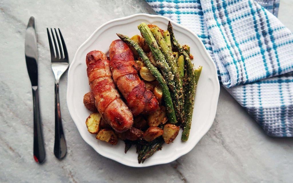 Smoked Sausage and Bacon-Wrapped Asparagus
