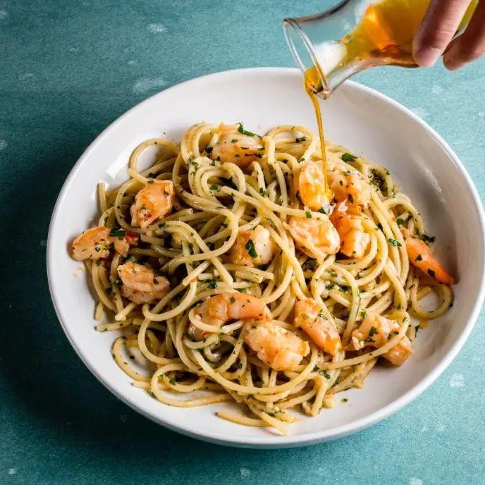 Spaghetti Aglio e Olio with Grilled Shrimp