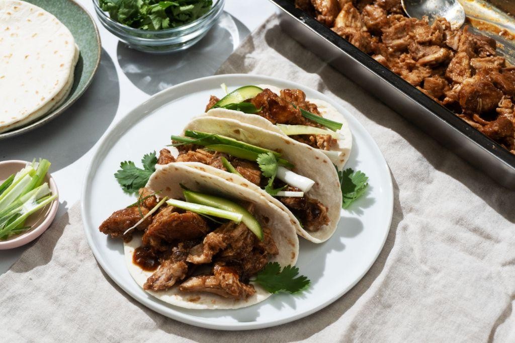 Spicy Pork Belly Street Tacos with Cucumber Radish Salad