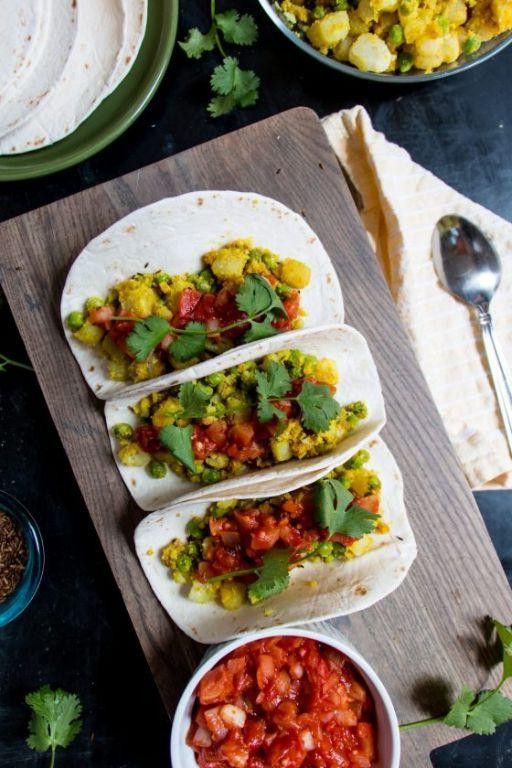 Spicy Potato and Pea Indian Tacos
