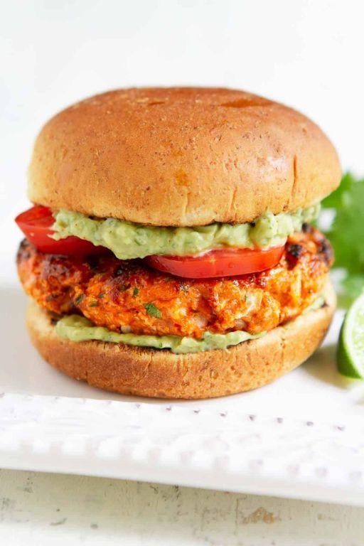 Spicy Salmon Burgers with Avocado Lime Sauce