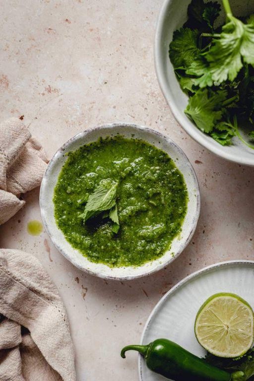Spicy green mango chutney with mint and cilantro