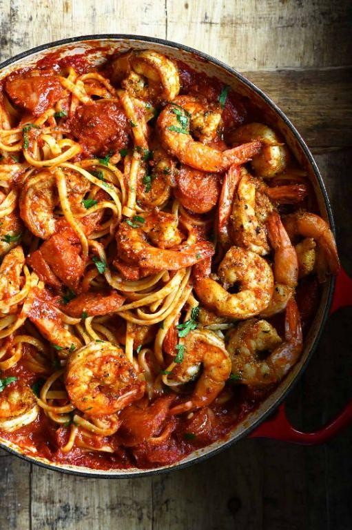 Spicy tomato shrimp and sausage rigatoni