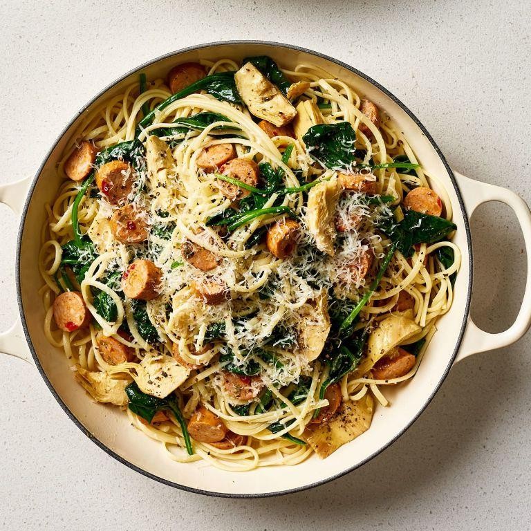 Spinach Artichoke Chicken and Shrimp Pasta