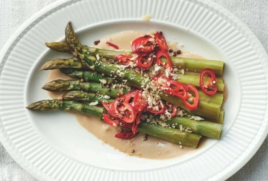 Steamed Asparagus with Miso Tahini Drizzle