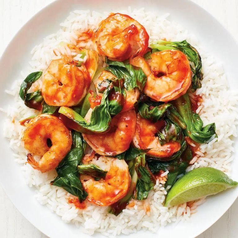 Stir-Fried Shrimp with Bok Choy and Rice