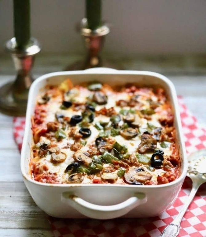 Supreme Pizza Casserole with Italian Sausage