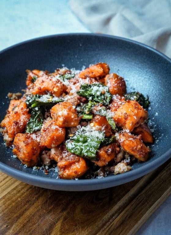 Sweet Potato Gnocchi with Sautéed Kale and Garlic
