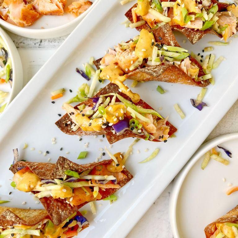Teriyaki Glazed Salmon Wonton Tacos