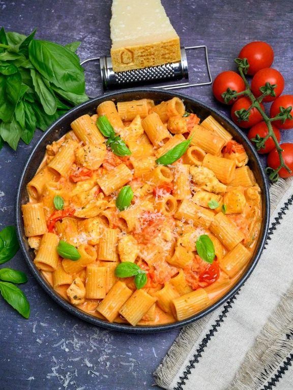 Tomato Basil Chicken and Shrimp Penne