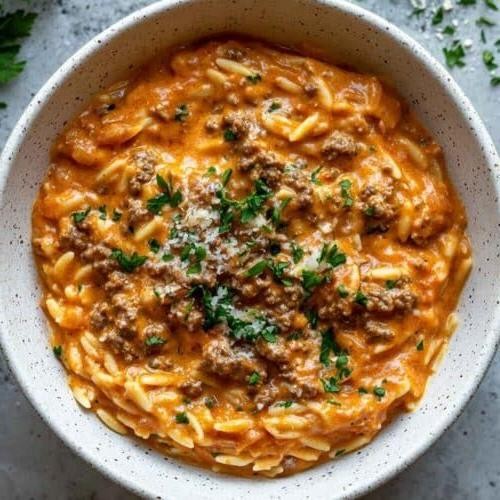 Tomato Basil Ground Beef and Orzo Stew
