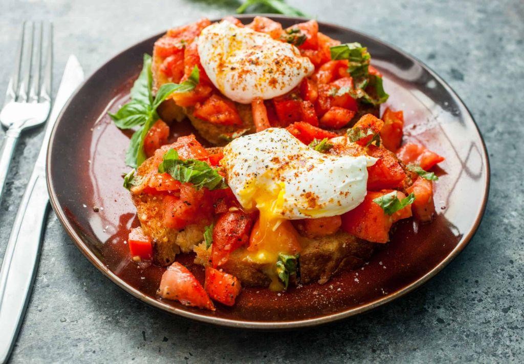 Tomato and Basil Bruschetta with Poached Eggs