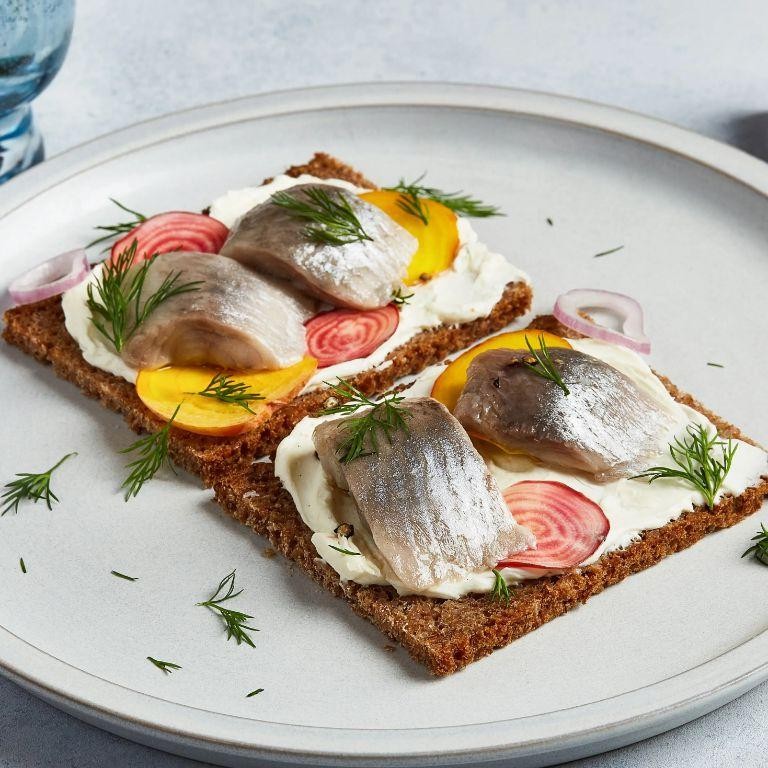 Traditional Danish Smørrebrød with Herring
