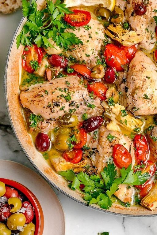Tuscan Chicken Thighs with Artichokes and Olives