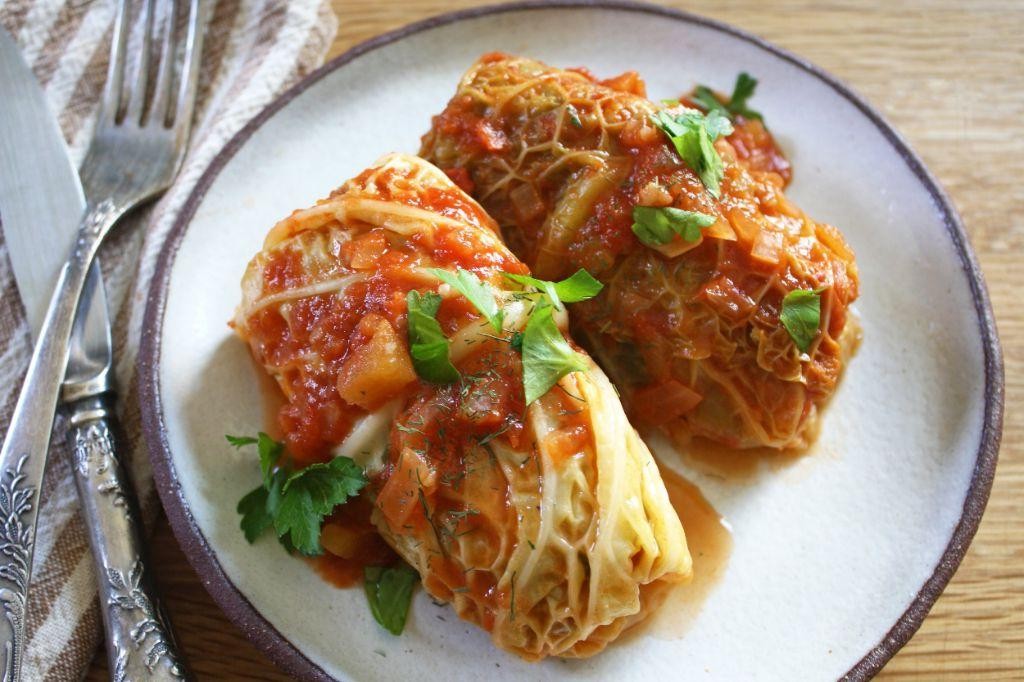 Vegetarian Dutch oven cabbage rolls with tomato sauce
