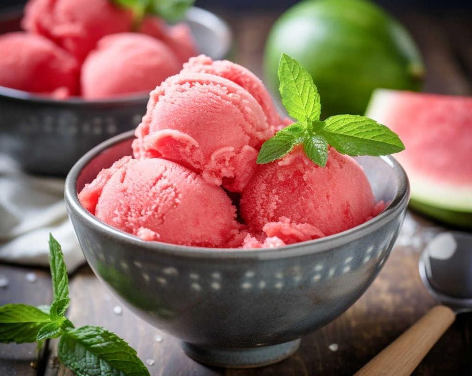 Watermelon Sorbet with Mint Garnish