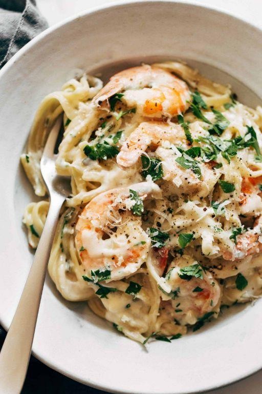 White wine garlic shrimp and sausage linguine